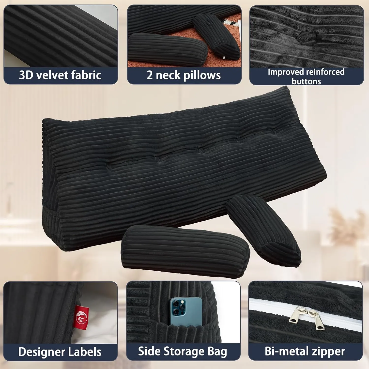 Headboard Wedge Pillow with 2 Pack Neck Roll Pillow Large Headboard Pillow Queen Wedge Pillow Headboard Soft and Supportive Bed Rest Reading Pillows for Sitting in Bed with Removable Cover