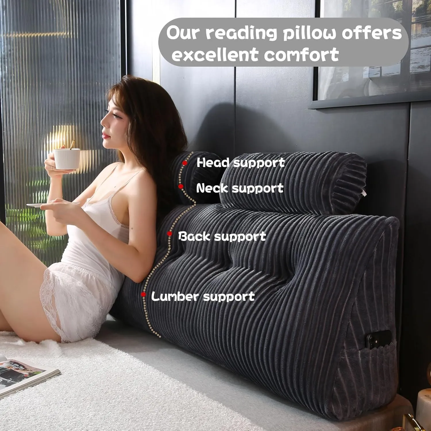 Headboard Wedge Pillow with 2 Pack Neck Roll Pillows Large Wedge Headboard Pillow Reading Pillow Soft and Supportive with Removable Cover