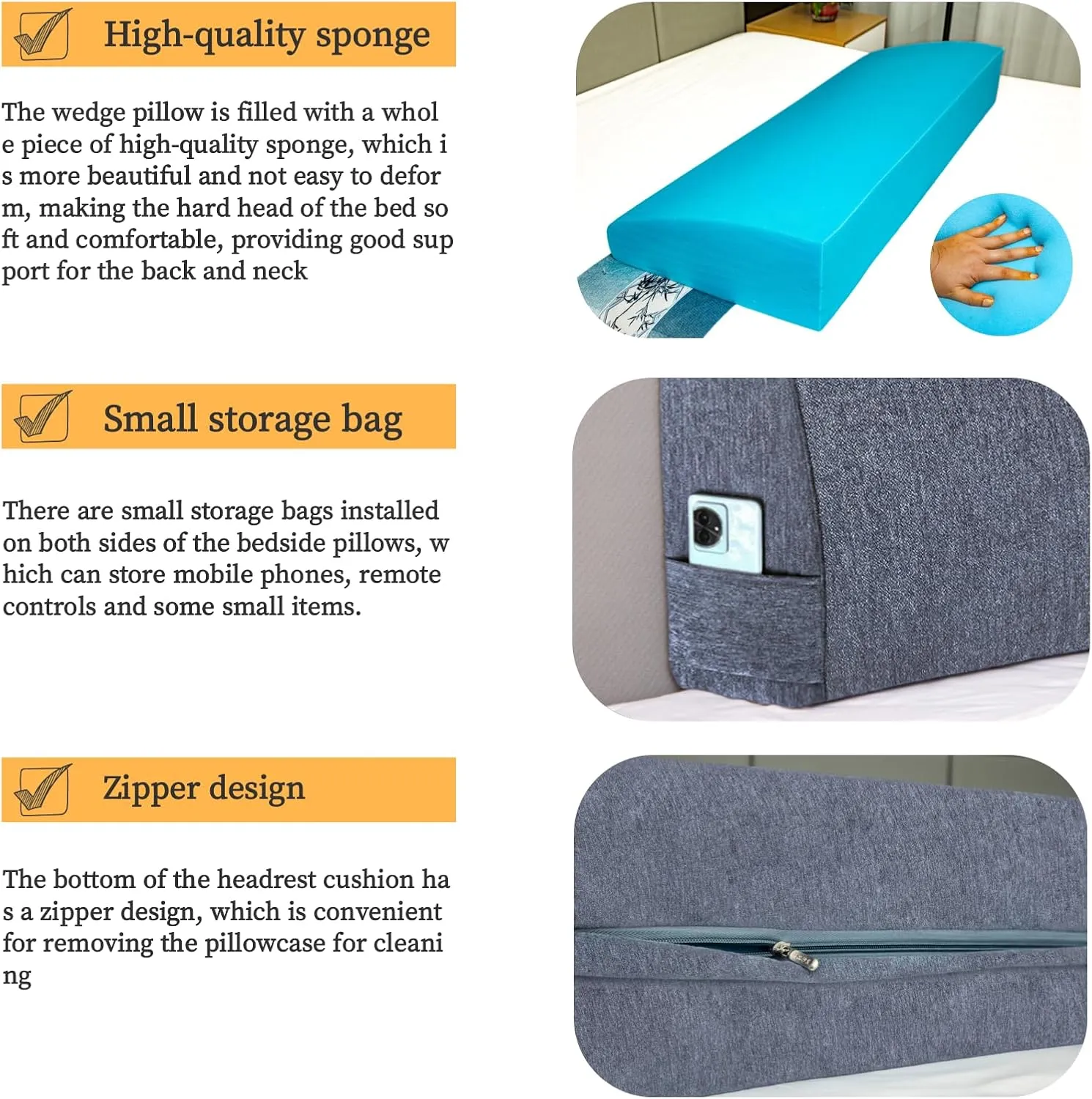 Headboard Wedge Pillow，King Headboard Pillow，Reading Pillow for Bed，backrest Pillows for Sitting in Bed,Perfect for Sitting, Reading or Working, with Removable Cover, Dark Blue