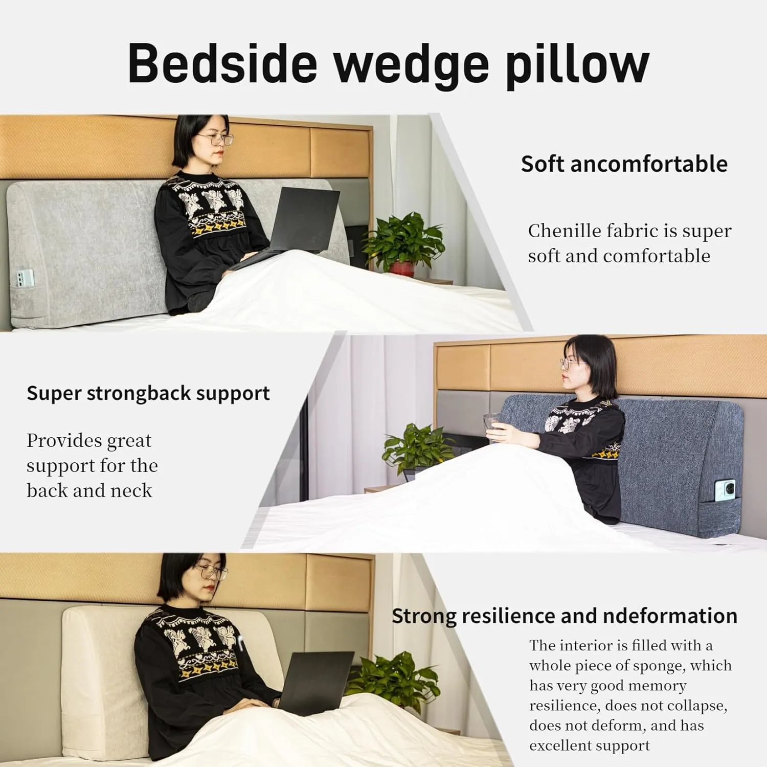 Headboard Wedge Pillow，King Headboard Pillow，Reading Pillow for Bed，backrest Pillows for Sitting in Bed,Perfect for Sitting, Reading or Working, with Removable Cover, Dark Blue