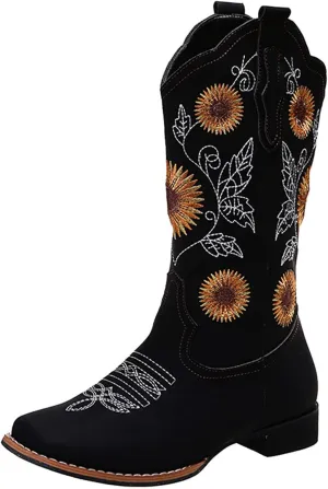 HINDOLA Women's Mid Boots Slip-on Classic Cowboy Rider Boots Chunky Heel Floral Embroidered Western Cowgirl Boots