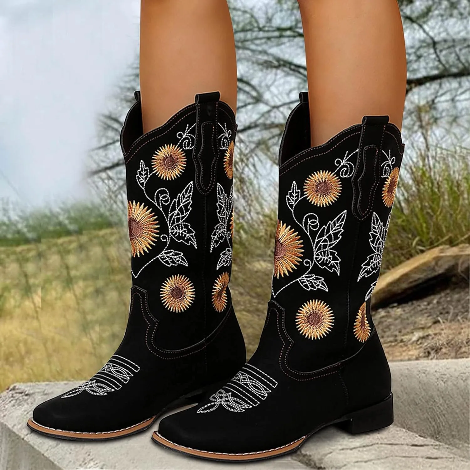HINDOLA Women's Mid Boots Slip-on Classic Cowboy Rider Boots Chunky Heel Floral Embroidered Western Cowgirl Boots