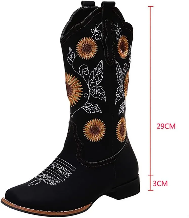 HINDOLA Women's Mid Boots Slip-on Classic Cowboy Rider Boots Chunky Heel Floral Embroidered Western Cowgirl Boots