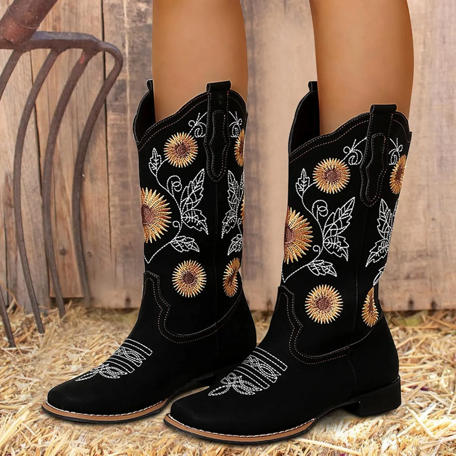 HINDOLA Women's Mid Boots Slip-on Classic Cowboy Rider Boots Chunky Heel Floral Embroidered Western Cowgirl Boots