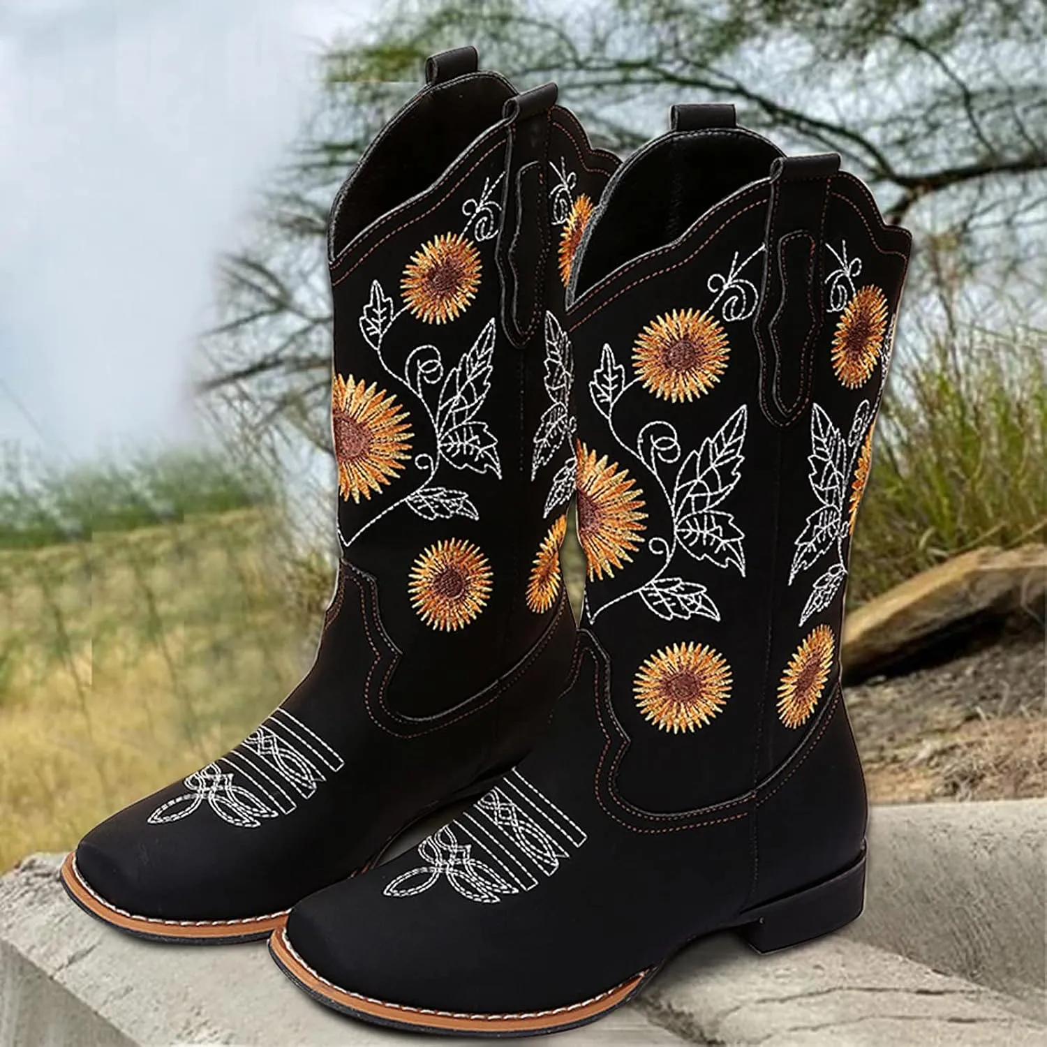 HINDOLA Women's Mid Boots Slip-on Classic Cowboy Rider Boots Chunky Heel Floral Embroidered Western Cowgirl Boots