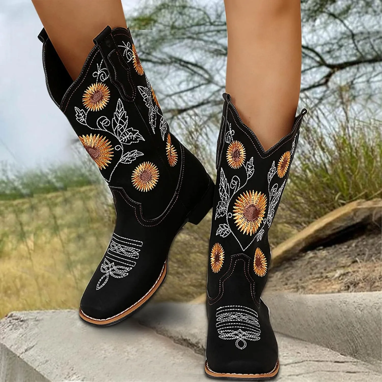 HINDOLA Women's Mid Boots Slip-on Classic Cowboy Rider Boots Chunky Heel Floral Embroidered Western Cowgirl Boots