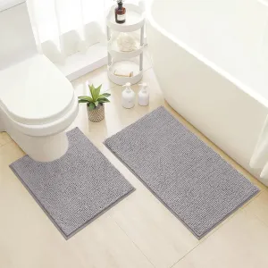 HOMEIDEAS Bathroom Rugs Set 2 Pieces, Ultra Soft Non Slip Absorbent Chenille Toilet Bath Mat Set (Grey)