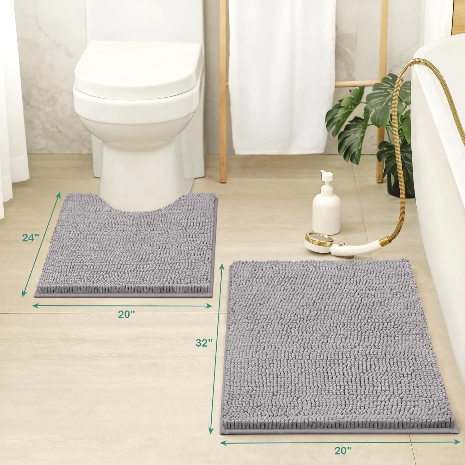 HOMEIDEAS Bathroom Rugs Set 2 Pieces, Ultra Soft Non Slip Absorbent Chenille Toilet Bath Mat Set (Grey)