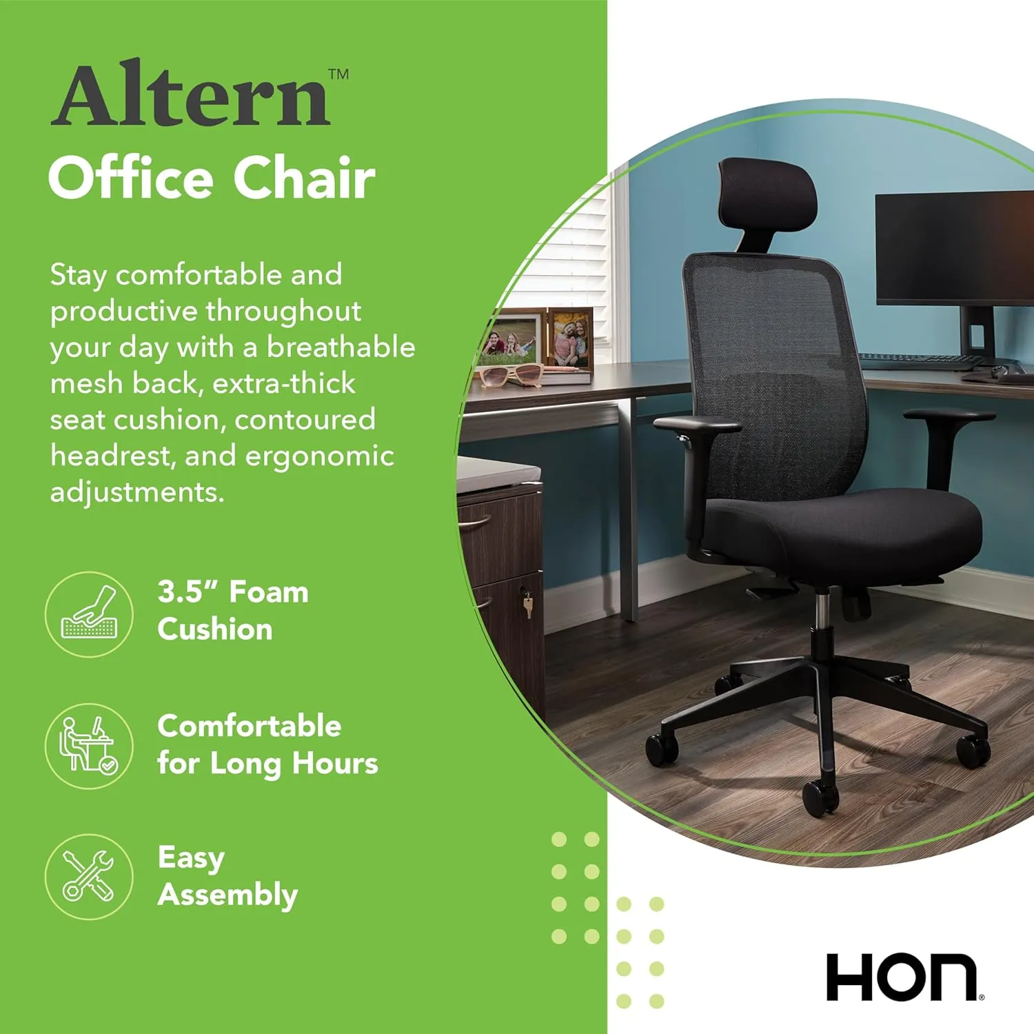 HON Altern Ergonomic Office Chair with Headrest, 3.5 Inch Thick Foam Cushion Seat, Mid Back Mesh Desk Chair, Adjustable Lumbar Support, Arms, Synchro-Tilt Tension, Seat-Slide Controls, Black