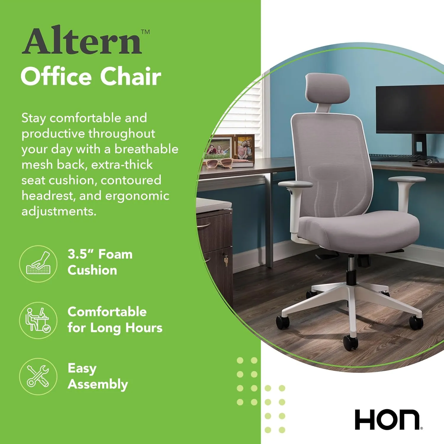 HON Altern Ergonomic Office Chair with Headrest, 3.5 Inch Thick Foam Cushion Seat, Mid Back Mesh Desk Chair, Adjustable Lumbar Support, Arms, Synchro-Tilt Tension, Seat-Slide Controls, Grey, White