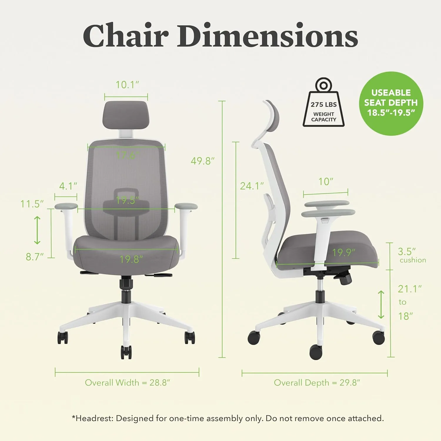HON Altern Ergonomic Office Chair with Headrest, 3.5 Inch Thick Foam Cushion Seat, Mid Back Mesh Desk Chair, Adjustable Lumbar Support, Arms, Synchro-Tilt Tension, Seat-Slide Controls, Grey, White