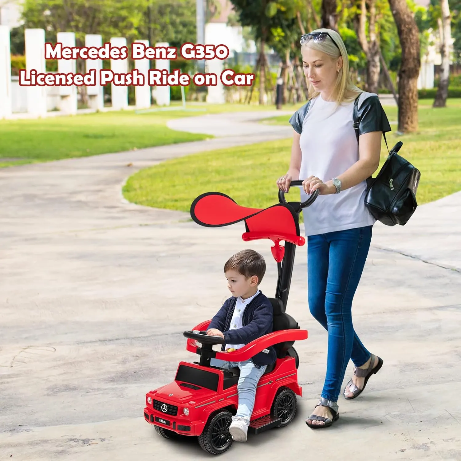 HONEY JOY Push Cars for Toddlers, Mercedes Benz Kids Toy Car Stroller w/Push Handle & Detachable Guardrail, Horn & Engine Sound, Seat Storage, Foot-to-Floor Ride On Push Car for Boys Girls(Red)