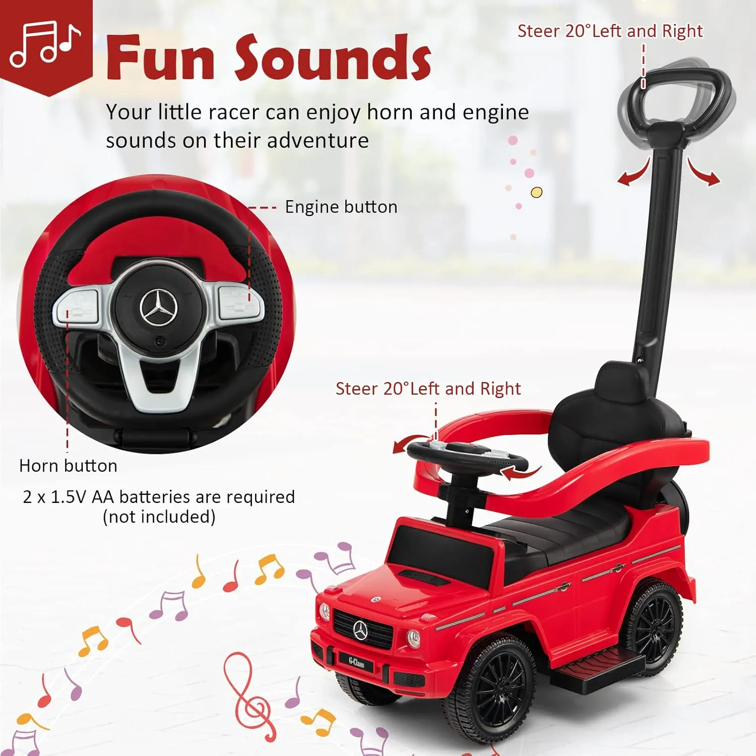HONEY JOY Push Cars for Toddlers, Mercedes Benz Kids Toy Car Stroller w/Push Handle & Detachable Guardrail, Horn & Engine Sound, Seat Storage, Foot-to-Floor Ride On Push Car for Boys Girls(Red)