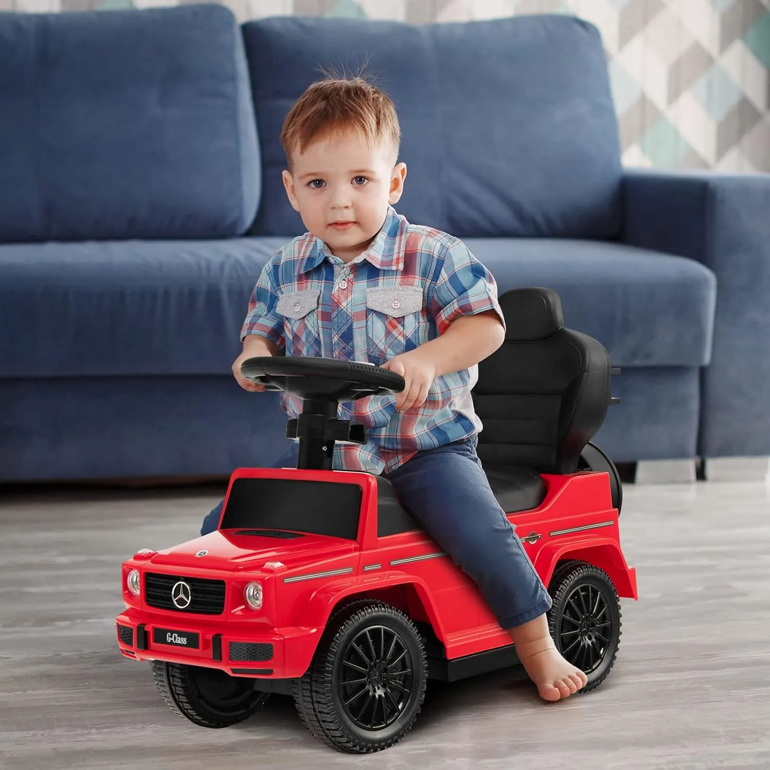 HONEY JOY Push Cars for Toddlers, Mercedes Benz Kids Toy Car Stroller w/Push Handle & Detachable Guardrail, Horn & Engine Sound, Seat Storage, Foot-to-Floor Ride On Push Car for Boys Girls(Red)