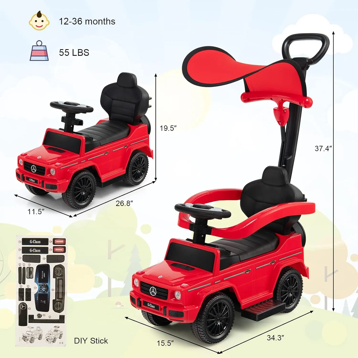 HONEY JOY Push Cars for Toddlers, Mercedes Benz Kids Toy Car Stroller w/Push Handle & Detachable Guardrail, Horn & Engine Sound, Seat Storage, Foot-to-Floor Ride On Push Car for Boys Girls(Red)