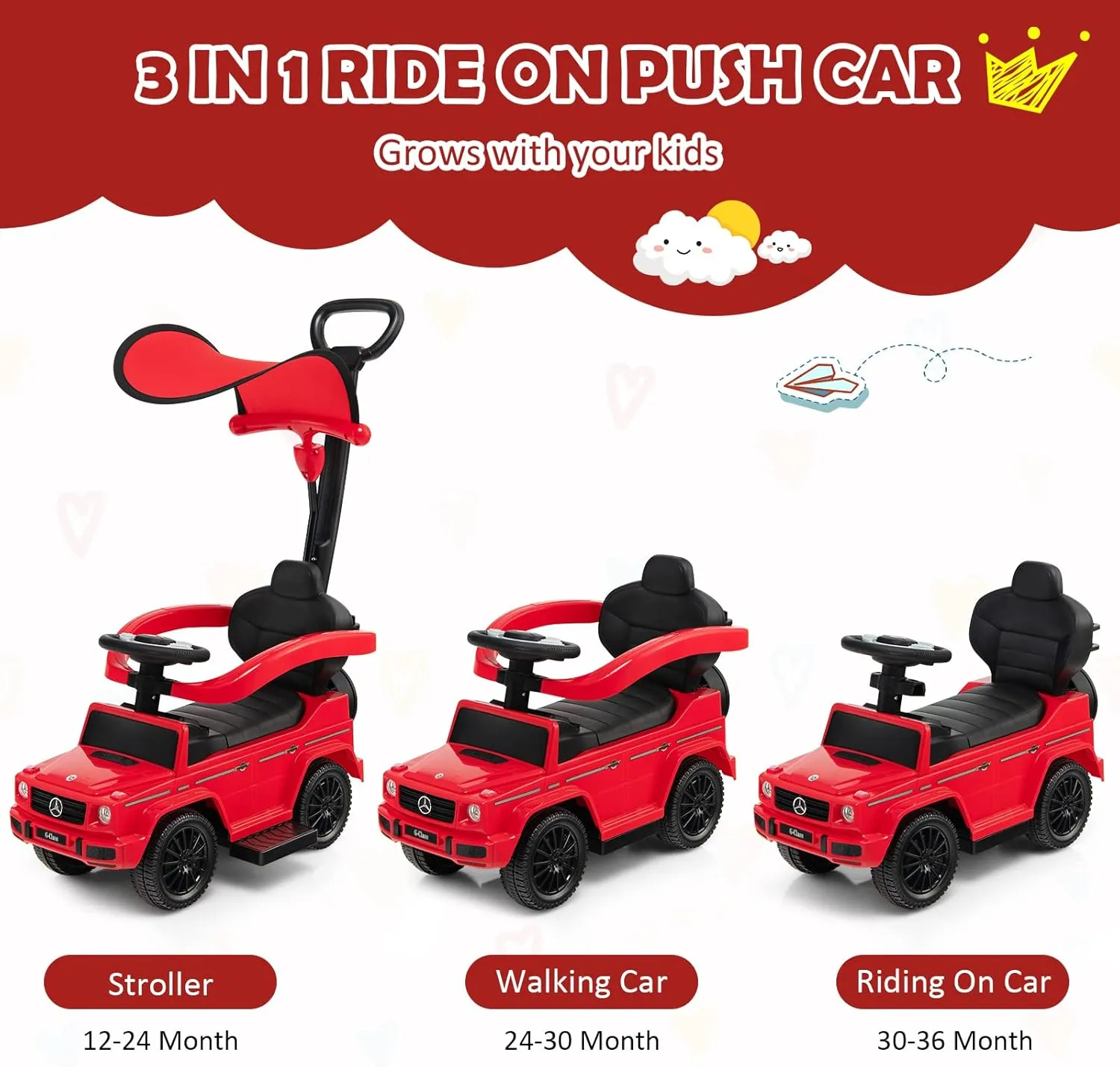 HONEY JOY Push Cars for Toddlers, Mercedes Benz Kids Toy Car Stroller w/Push Handle & Detachable Guardrail, Horn & Engine Sound, Seat Storage, Foot-to-Floor Ride On Push Car for Boys Girls(Red)
