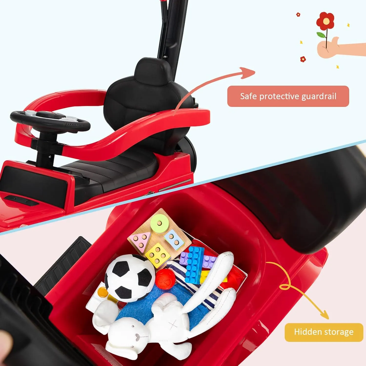 HONEY JOY Push Cars for Toddlers, Mercedes Benz Kids Toy Car Stroller w/Push Handle & Detachable Guardrail, Horn & Engine Sound, Seat Storage, Foot-to-Floor Ride On Push Car for Boys Girls(Red)
