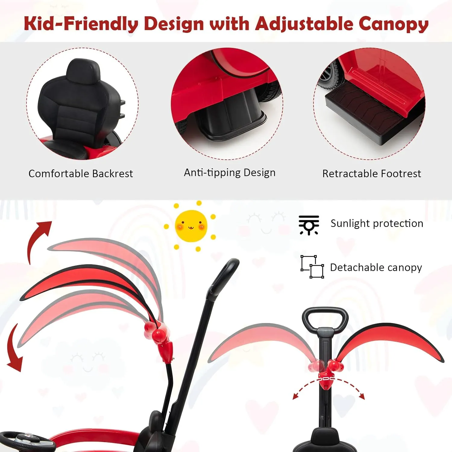 HONEY JOY Push Cars for Toddlers, Mercedes Benz Kids Toy Car Stroller w/Push Handle & Detachable Guardrail, Horn & Engine Sound, Seat Storage, Foot-to-Floor Ride On Push Car for Boys Girls(Red)
