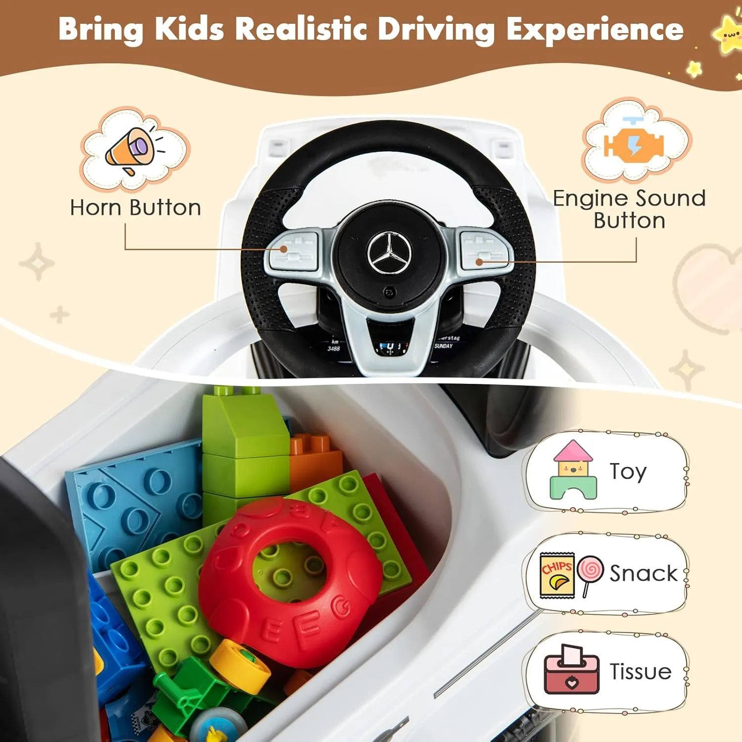 HONEY JOY Push Cars for Toddlers, Mercedes Benz Kids Toy Car Stroller w/Push Handle & Detachable Guardrail, Horn & Engine Sound, Seat Storage, Foot-to-Floor Ride On Push Car for Boys Girls(White)