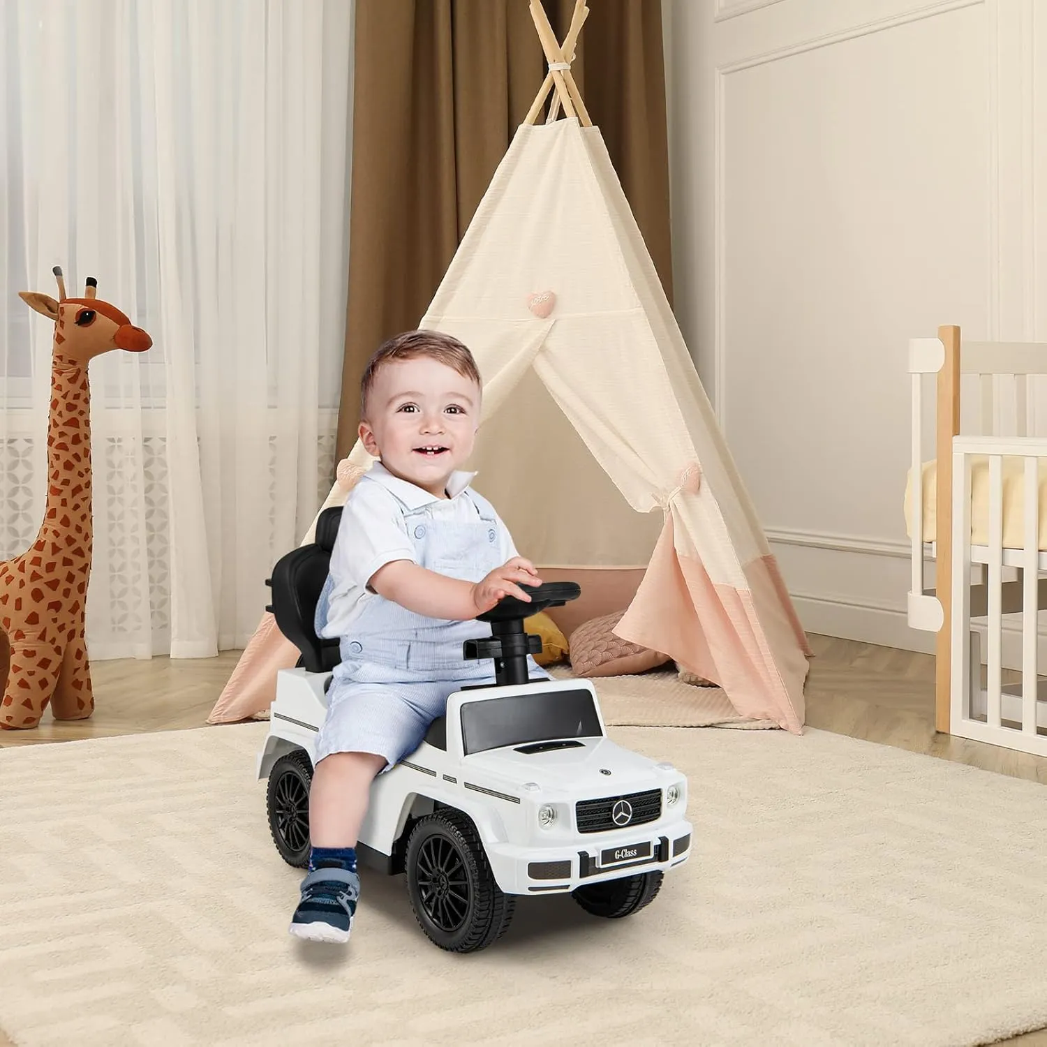 HONEY JOY Push Cars for Toddlers, Mercedes Benz Kids Toy Car Stroller w/Push Handle & Detachable Guardrail, Horn & Engine Sound, Seat Storage, Foot-to-Floor Ride On Push Car for Boys Girls(White)