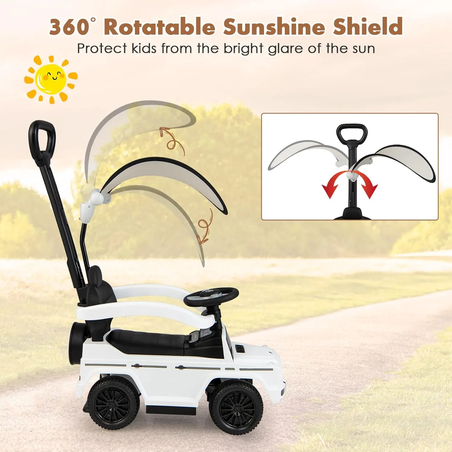 HONEY JOY Push Cars for Toddlers, Mercedes Benz Kids Toy Car Stroller w/Push Handle & Detachable Guardrail, Horn & Engine Sound, Seat Storage, Foot-to-Floor Ride On Push Car for Boys Girls(White)