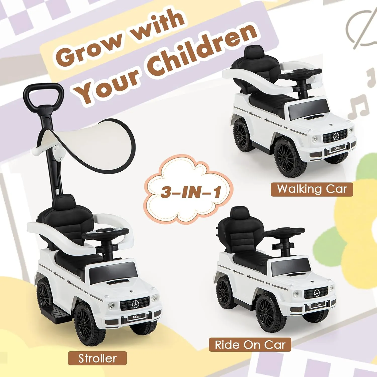 HONEY JOY Push Cars for Toddlers, Mercedes Benz Kids Toy Car Stroller w/Push Handle & Detachable Guardrail, Horn & Engine Sound, Seat Storage, Foot-to-Floor Ride On Push Car for Boys Girls(White)