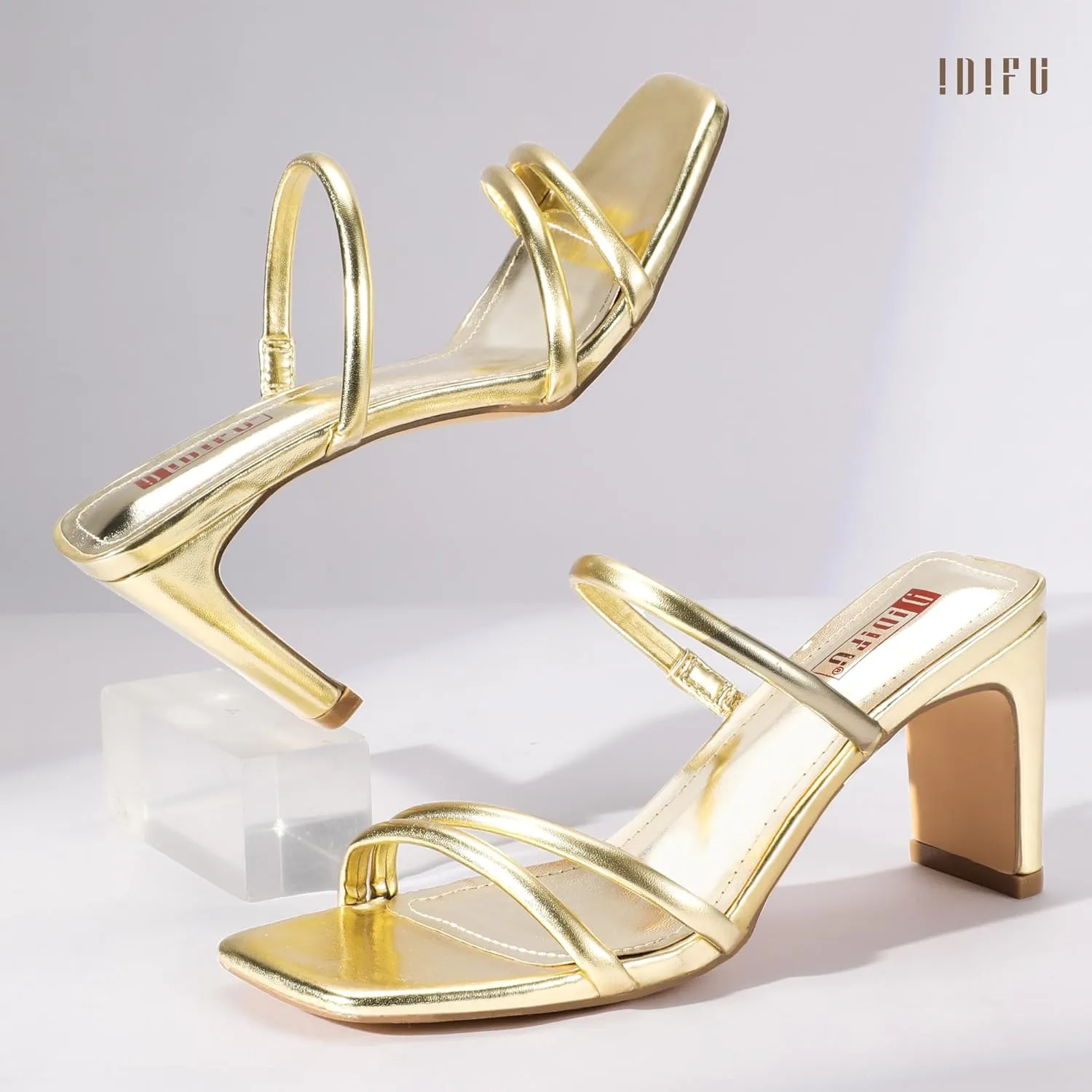 IDIFU IN3 Strappy Heels High Chunky Block Square Open Toe Slip On Slide Heels Mules Wedding Bridal Bride Prom Party Dress Shoes for Women Dressy Comfortable Cute Fashion Trendy Heeled Sandals