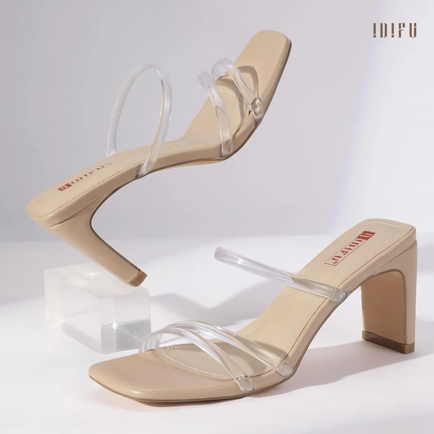 IDIFU IN3 Strappy Heels High Chunky Block Square Open Toe Slip On Slide Heels Mules Wedding Bridal Bride Prom Party Dress Shoes for Women Dressy Comfortable Cute Fashion Trendy Heeled Sandals