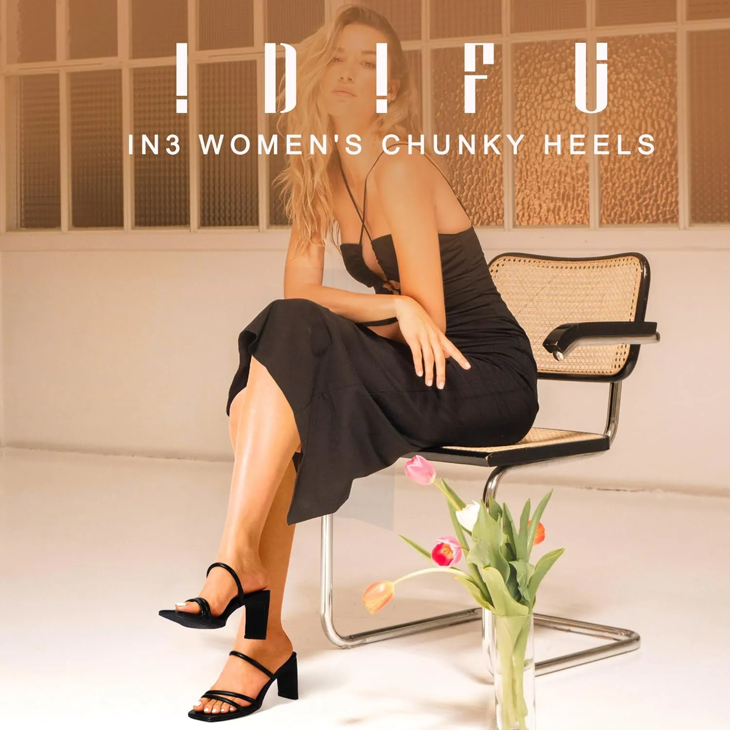 IDIFU IN3 Strappy Heels High Chunky Block Square Open Toe Slip On Slide Heels Mules Wedding Bridal Bride Prom Party Dress Shoes for Women Dressy Comfortable Cute Fashion Trendy Heeled Sandals