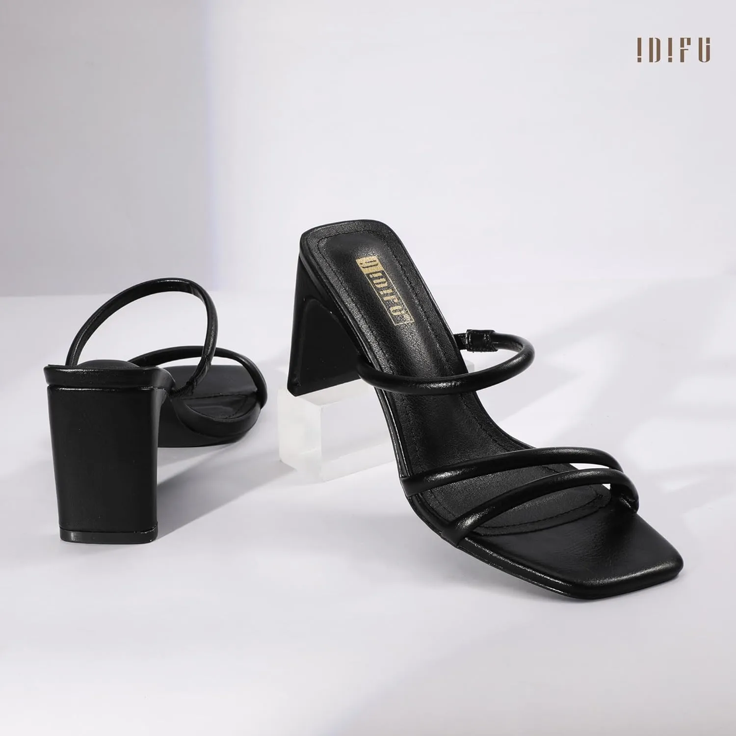 IDIFU IN3 Strappy Heels High Chunky Block Square Open Toe Slip On Slide Heels Mules Wedding Bridal Bride Prom Party Dress Shoes for Women Dressy Comfortable Cute Fashion Trendy Heeled Sandals