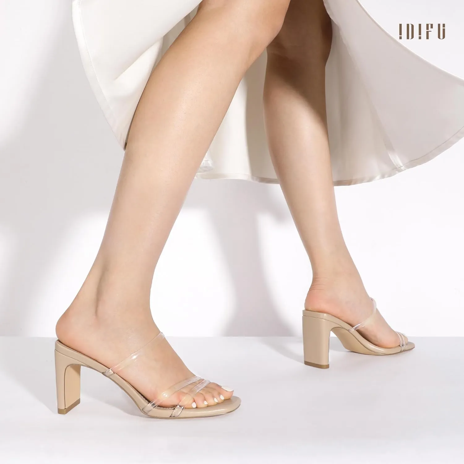 IDIFU IN3 Strappy Heels High Chunky Block Square Open Toe Slip On Slide Heels Mules Wedding Bridal Bride Prom Party Dress Shoes for Women Dressy Comfortable Cute Fashion Trendy Heeled Sandals