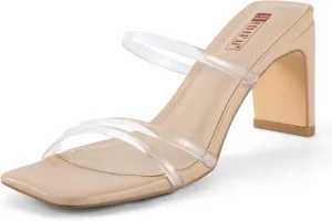 IDIFU IN3 Strappy Heels High Chunky Block Square Open Toe Slip On Slide Heels Mules Wedding Bridal Bride Prom Party Dress Shoes for Women Dressy Comfortable Cute Fashion Trendy Heeled Sandals