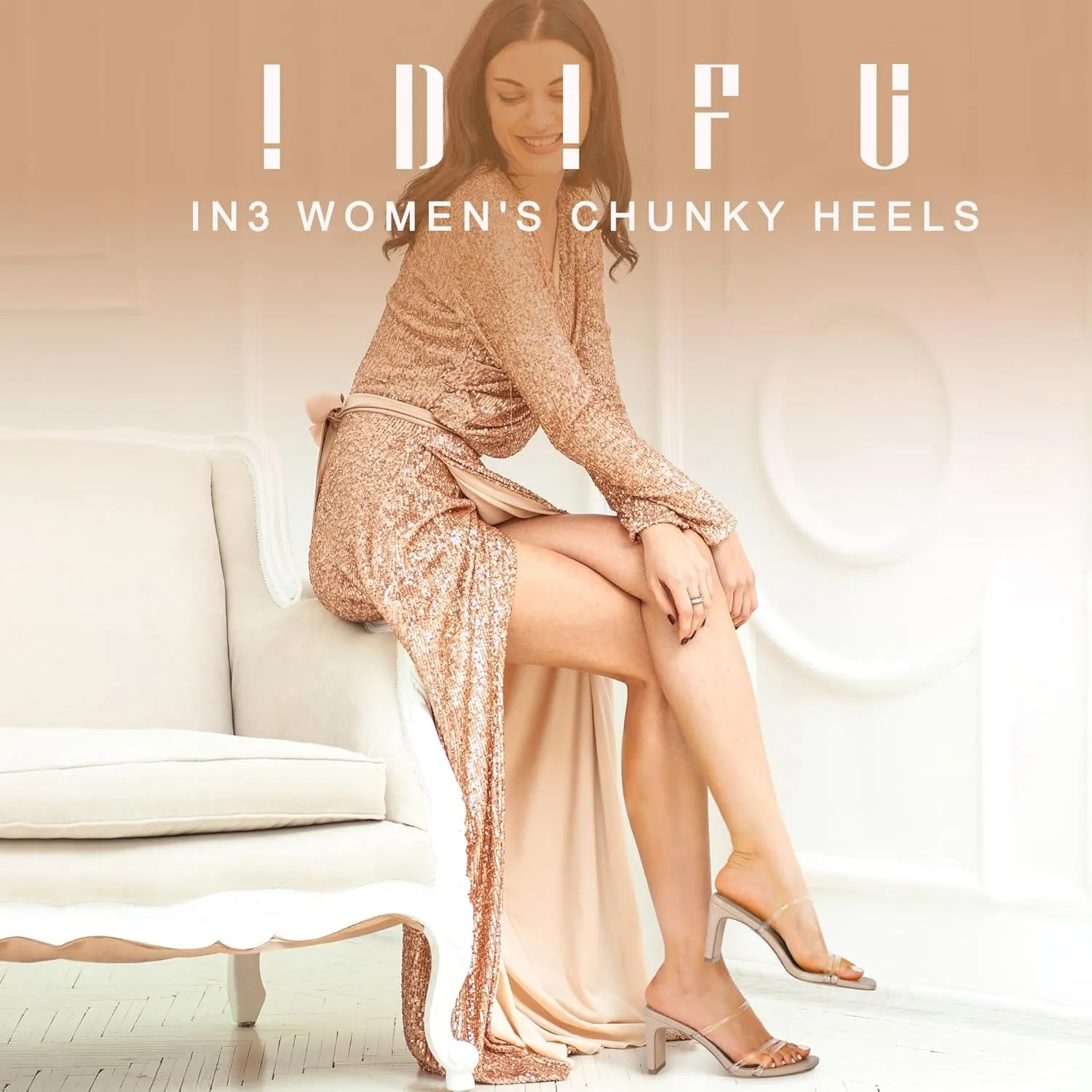 IDIFU IN3 Strappy Heels High Chunky Block Square Open Toe Slip On Slide Heels Mules Wedding Bridal Bride Prom Party Dress Shoes for Women Dressy Comfortable Cute Fashion Trendy Heeled Sandals