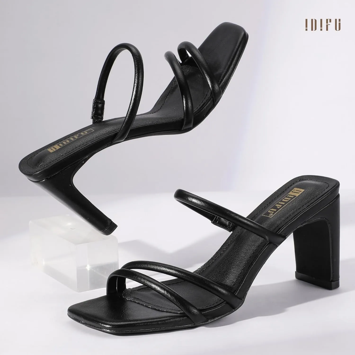 IDIFU IN3 Strappy Heels High Chunky Block Square Open Toe Slip On Slide Heels Mules Wedding Bridal Bride Prom Party Dress Shoes for Women Dressy Comfortable Cute Fashion Trendy Heeled Sandals