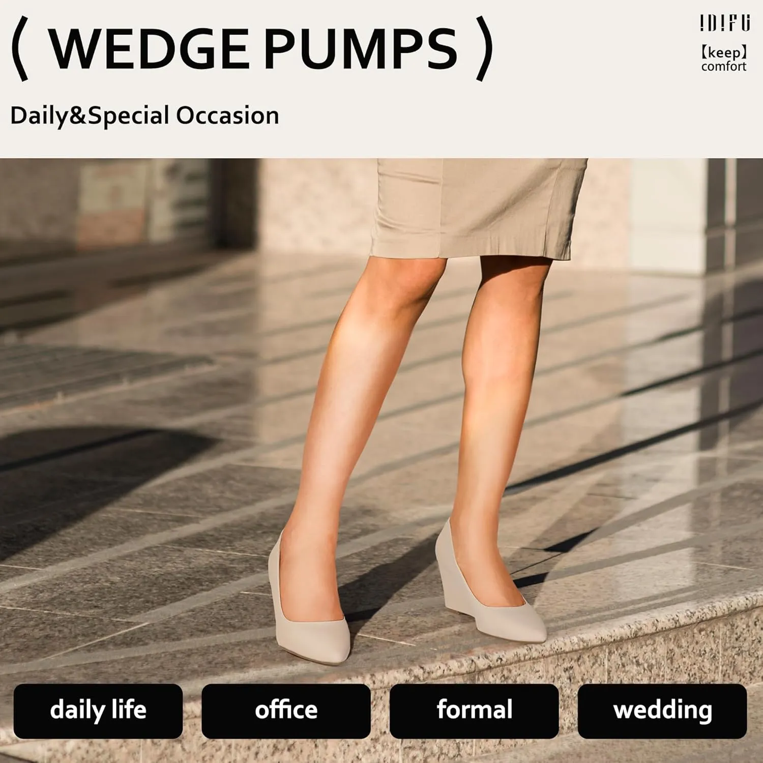 IDIFU IN3 Wedges for Women Closed Toe Pumps Low Heel Pointed Toe Work Wedding Bridal Office Formal Business Dress Casual Dressy Comfortable Trendy Fashion Shoes