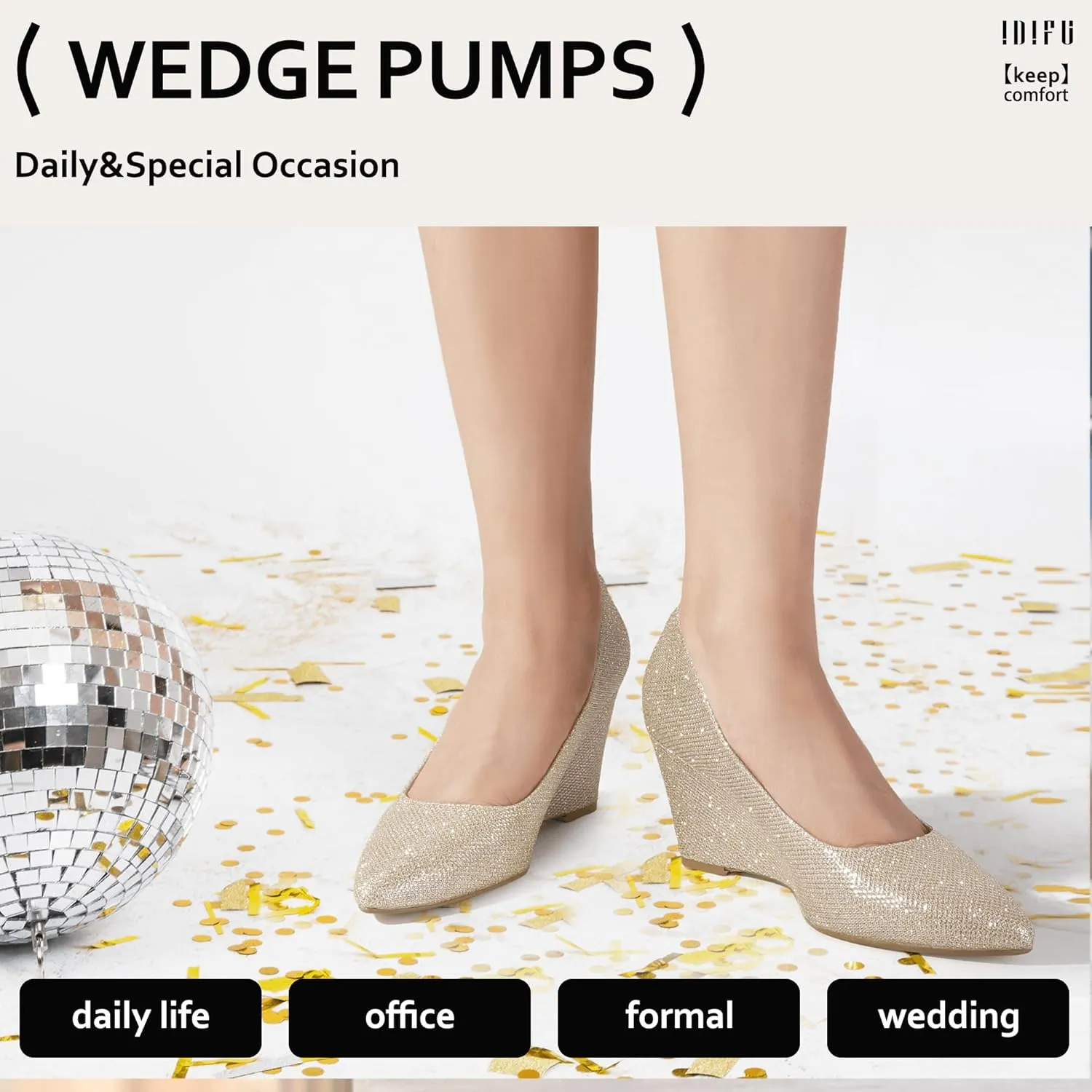 IDIFU IN3 Wedges for Women Closed Toe Pumps Low Heel Pointed Toe Work Wedding Bridal Office Formal Business Dress Casual Dressy Comfortable Trendy Fashion Shoes