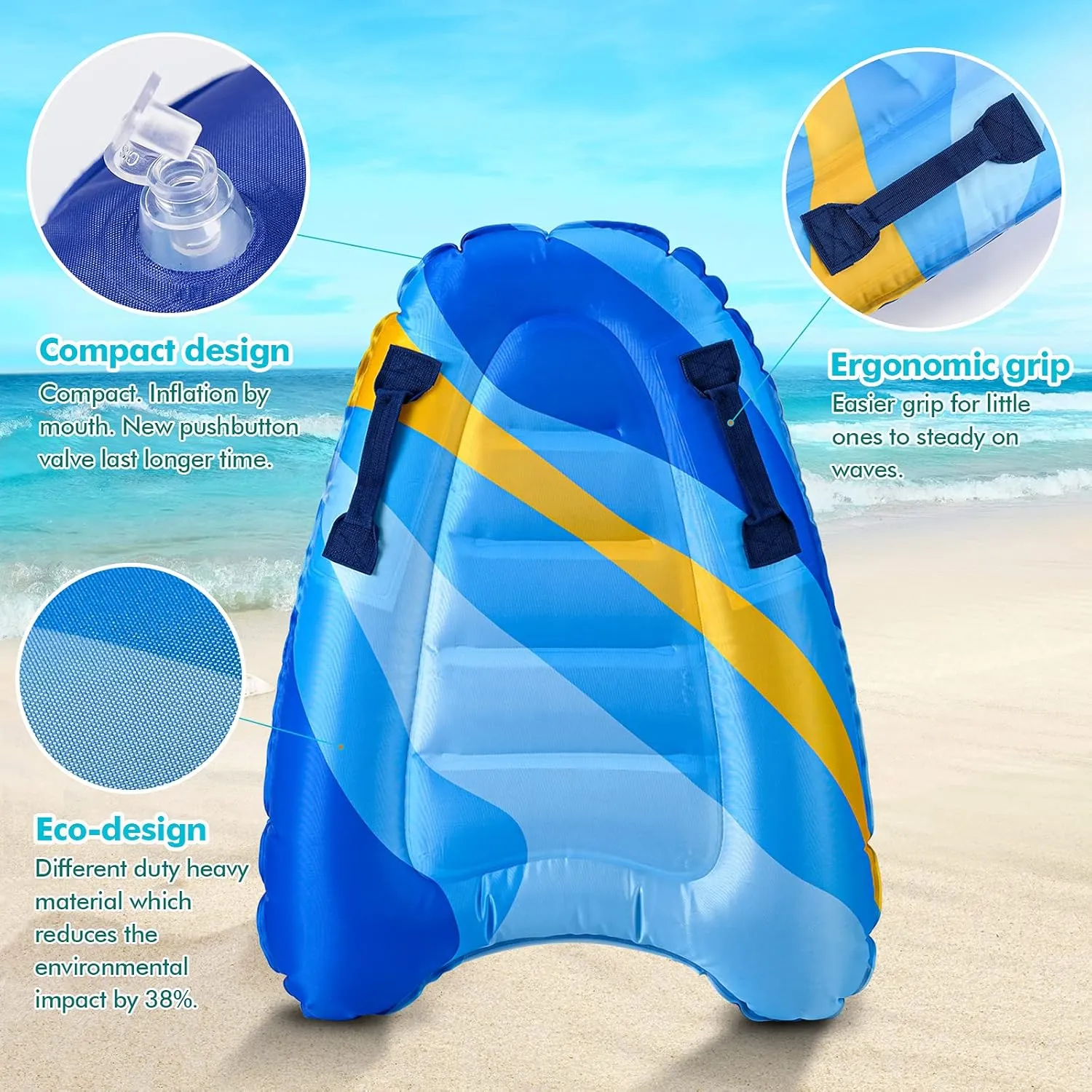 Inflatable Boogy Boards for Beach Travel Toys, 30” Cavas Slip Slide Water Park Body Surfing Board with Handles, Summer Fun Water Pool Game Toys for Kids 4,8,12 Ages Light-Geometry