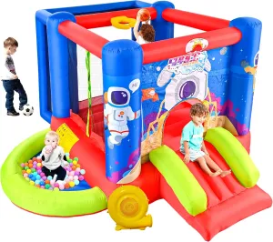 Inflatable Bounce House with Slide, Jumping Castle with Blower for Kids Play House with Wave Pool