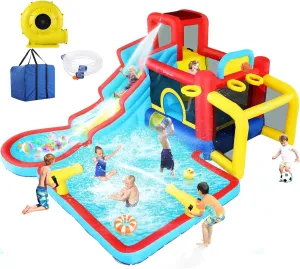 Inflatable Water Slide 10 in 1 Water Park with Splash Pool, Jump Area, Water Slide, Football Gate, Top Sprayer, Basketball Hoop, 2 Water Cannon & 620W Blower for Outdoor Backyard (Blue-Yellow)