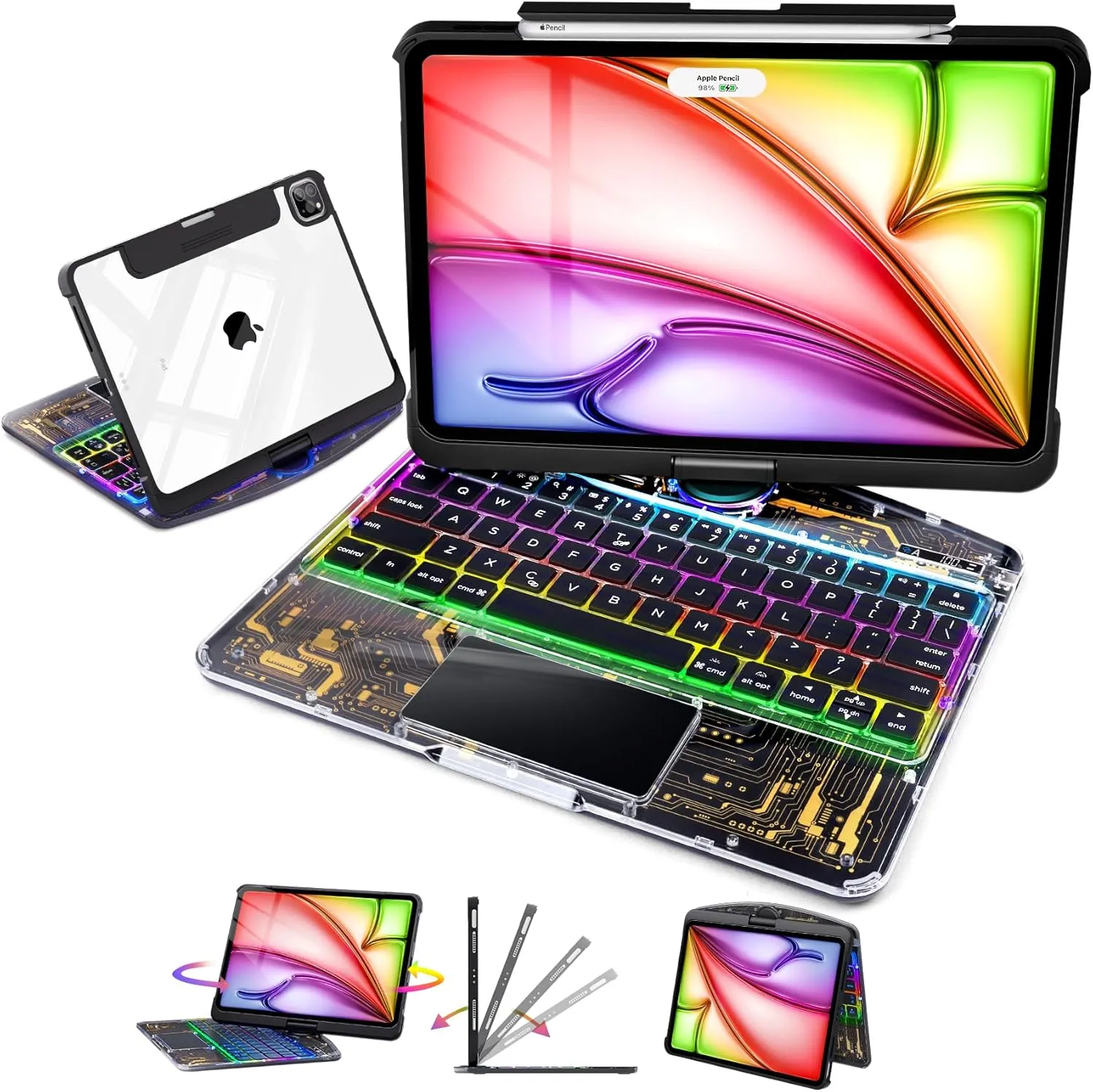 iPad Air 11" Case with Keyboard (M3/M2, 2025/2024) – 360° Rotating Multi-Touch Trackpad, RGB Backlit Keyboard, Transparent Back, Pencil Holder, Type-C Charging for 5th/4th Gen – Tech Circuit X