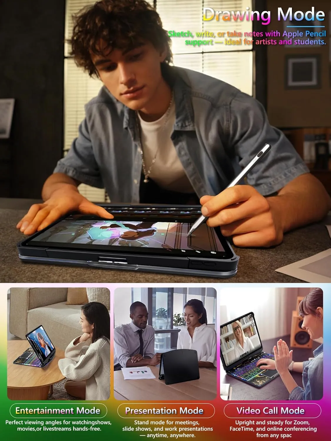 iPad Air 11" Case with Keyboard (M3/M2, 2025/2024) – 360° Rotating Multi-Touch Trackpad, RGB Backlit Keyboard, Transparent Back, Pencil Holder, Type-C Charging for 5th/4th Gen – Tech Circuit X