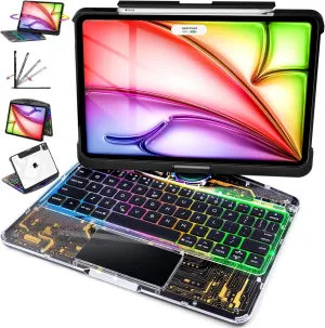 iPad Air 11" Case with Keyboard (M3/M2, 2025/2024) – 360° Rotating Multi-Touch Trackpad, RGB Backlit Keyboard, Transparent Back, Pencil Holder, Type-C Charging for 5th/4th Gen – Tech Circuit X