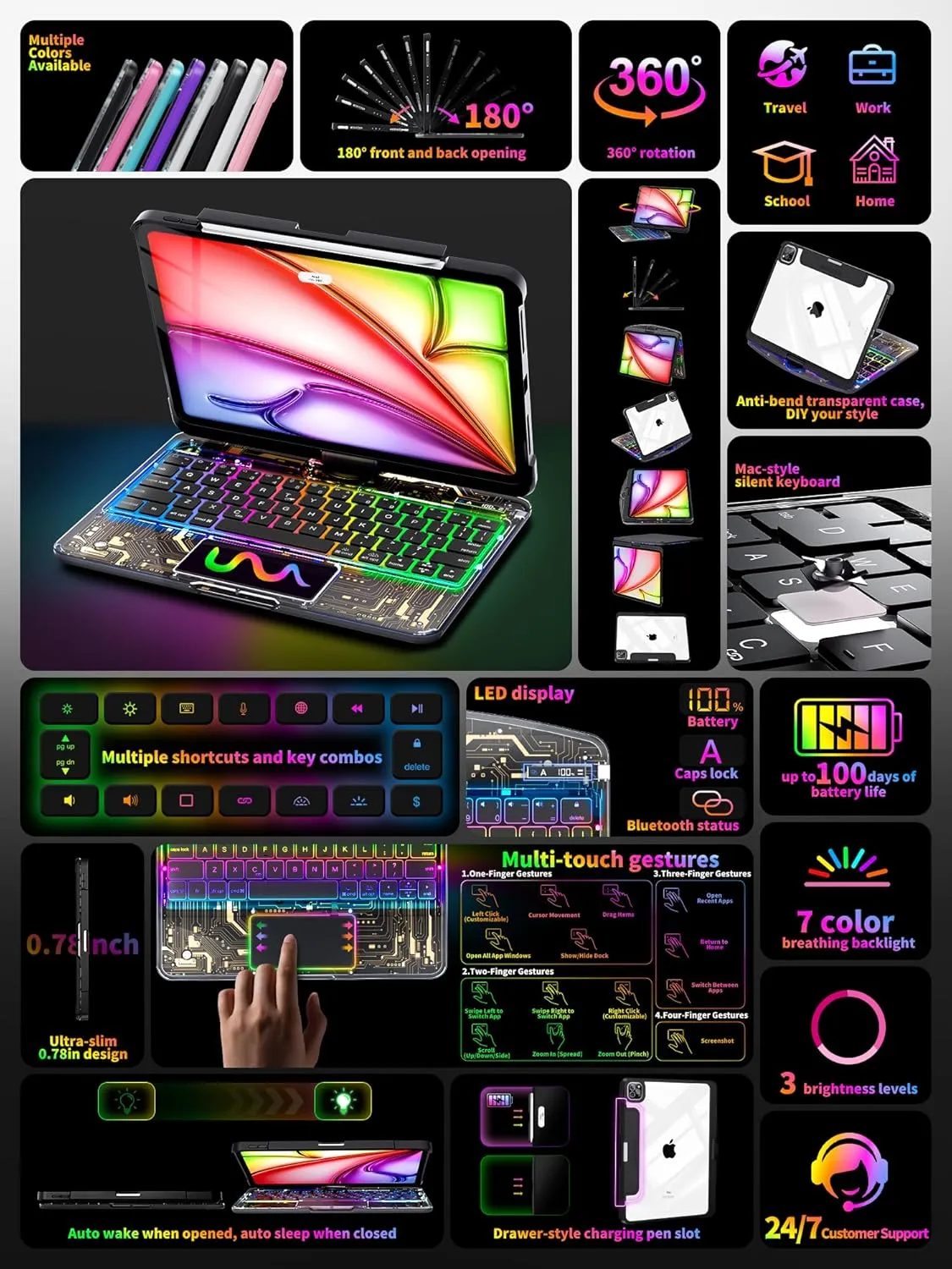 iPad Air 11" Case with Keyboard (M3/M2, 2025/2024) – 360° Rotating Multi-Touch Trackpad, RGB Backlit Keyboard, Transparent Back, Pencil Holder, Type-C Charging for 5th/4th Gen – Tech Circuit X