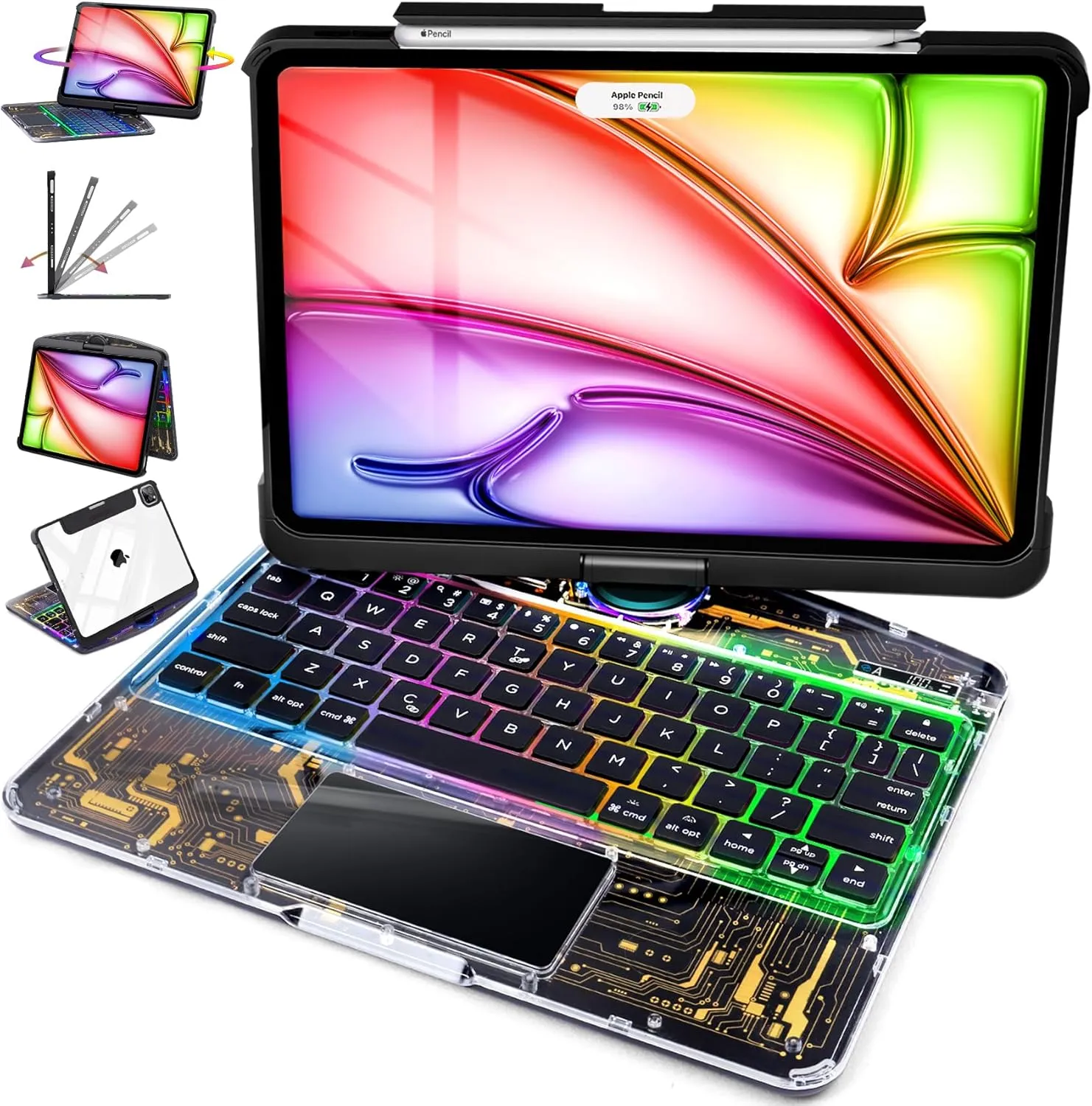 iPad Air 11" Case with Keyboard (M3/M2, 2025/2024) – 360° Rotating Multi-Touch Trackpad, RGB Backlit Keyboard, Transparent Back, Pencil Holder, Type-C Charging for 5th/4th Gen – Tech Circuit X