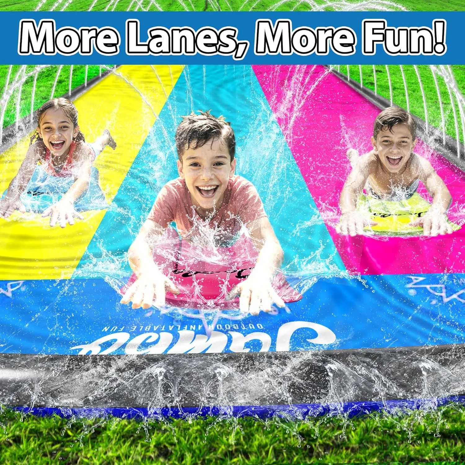 JAMBO 20Ft Premium Slip Splash and Slide with 3 Bodyboards, Heavy Duty Water Slide- Advanced 3-Way Water Sprinkler System, Backyard Waterslide Outdoor Water Toys n Slides for Kids Splash Pad
