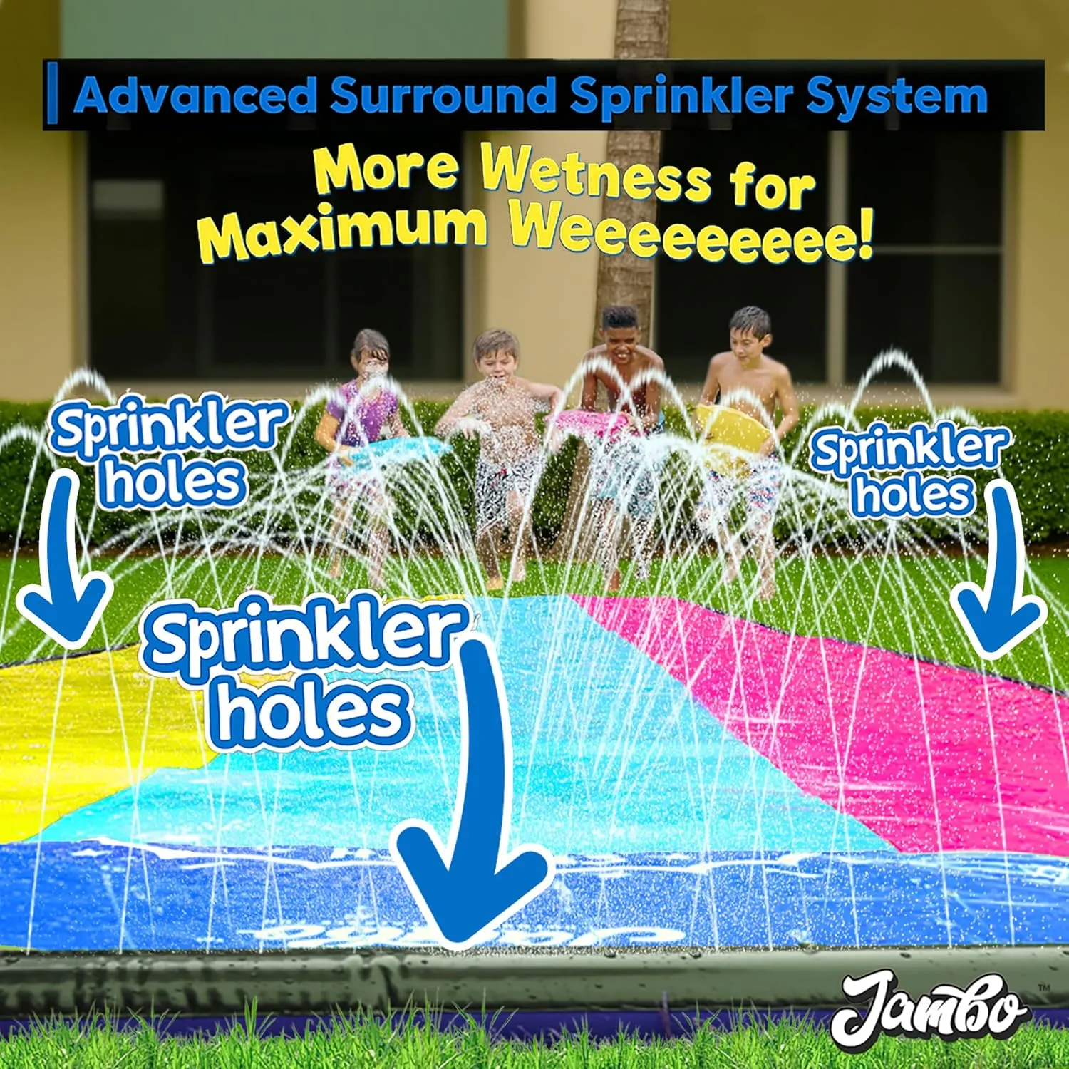 JAMBO 20Ft Premium Slip Splash and Slide with 3 Bodyboards, Heavy Duty Water Slide- Advanced 3-Way Water Sprinkler System, Backyard Waterslide Outdoor Water Toys n Slides for Kids Splash Pad