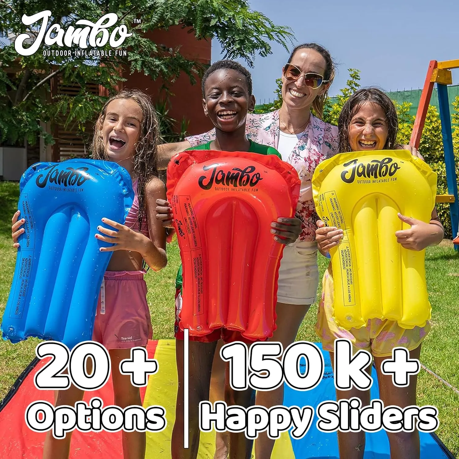 JAMBO 20Ft Premium Slip Splash and Slide with 3 Bodyboards, Heavy Duty Water Slide- Advanced 3-Way Water Sprinkler System, Backyard Waterslide Outdoor Water Toys n Slides for Kids Splash Pad