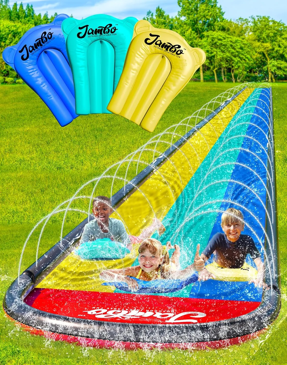 JAMBO 20Ft XL Premium 3 Lane Slip Splash and Slide with 3 Bodyboards, Heavy Duty Water Slide- Advanced 3-Way Water Sprinkler System, Backyard Waterslide Outdoor Water Toys n Slides for Kids Splash Pad