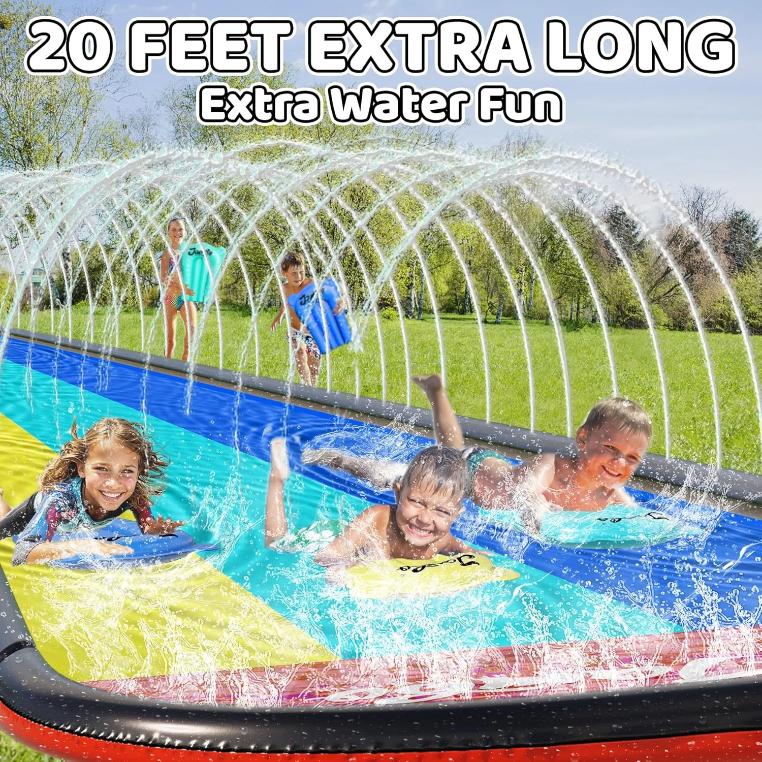 JAMBO 20Ft XL Premium 3 Lane Slip Splash and Slide with 3 Bodyboards, Heavy Duty Water Slide- Advanced 3-Way Water Sprinkler System, Backyard Waterslide Outdoor Water Toys n Slides for Kids Splash Pad