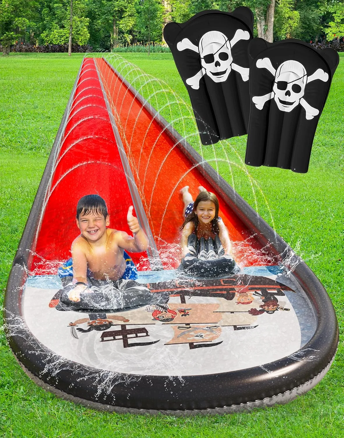 JAMBO 22Ft Water Slide and 2 Bodyboards, Extra Long Heavy Duty Slip Splash and Slide with Inflatable Bumpers, Pirate Splash Mat Water Sprinkler, Outdoor Water Toys, Summer n Toy, Splash Pad